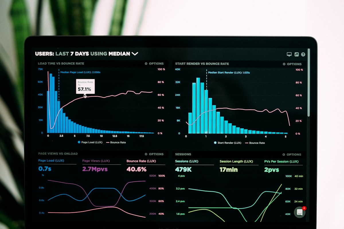 SEO tools dashboard showing keyword rankings and analytics on laptop screen