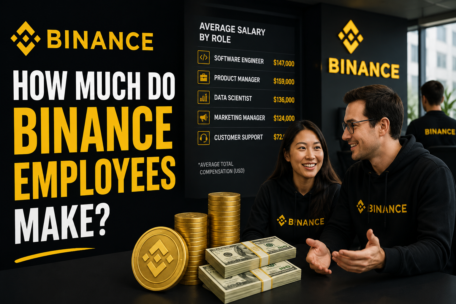 Binance cryptocurrency exchange office concept with trading screens and blockchain technology