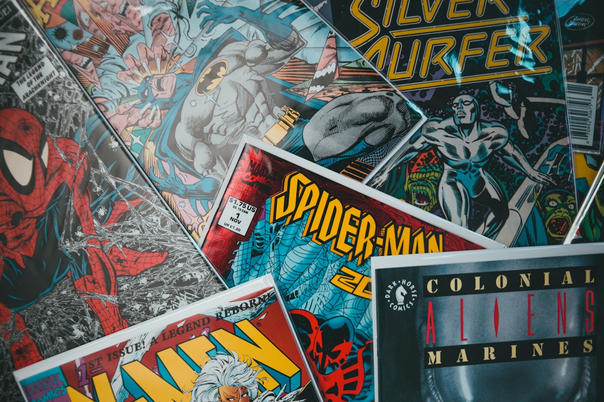Superhero comic book style action scene with colorful heroes and cinematic atmosphere
