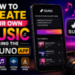 Person creating music on smartphone using Suno AI music generation app with headphones