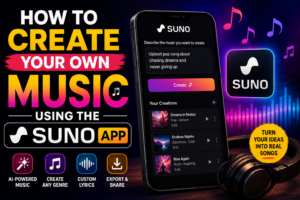 Person creating music on smartphone using Suno AI music generation app with headphones