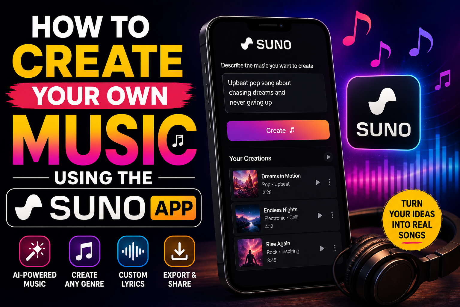 Person creating music on smartphone using Suno AI music generation app with headphones