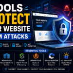 Website security shield protection concept with firewall and cybersecurity tools blocking attacks