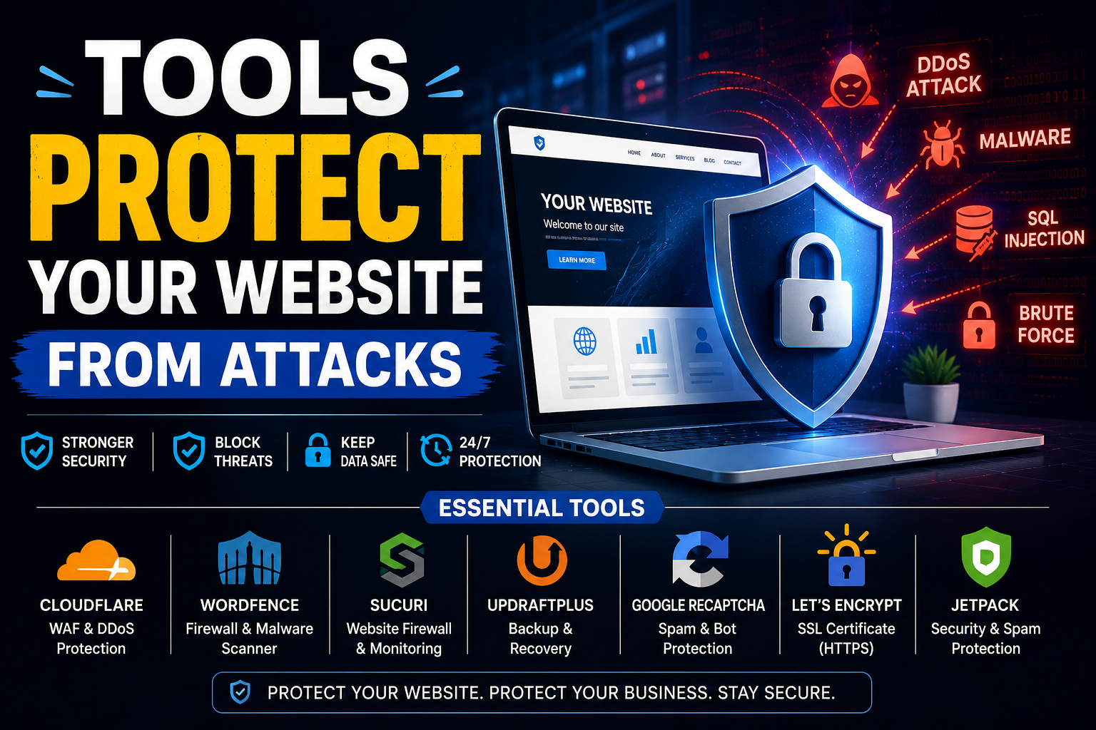Website security shield protection concept with firewall and cybersecurity tools blocking attacks